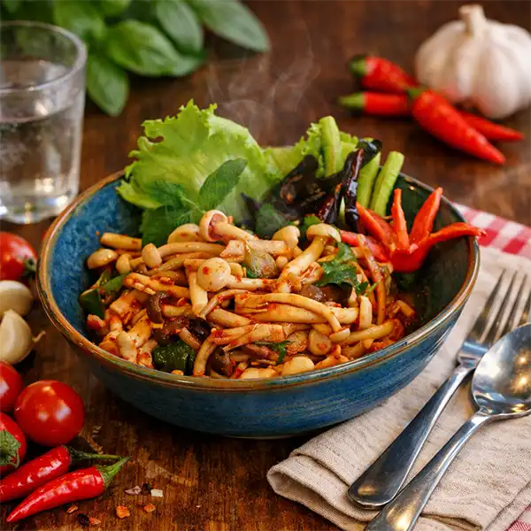 Yam Hed Shimeji spicy mushroom salad at Mae Thai River Thai restaurant Stockholm