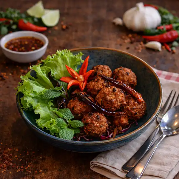 Nam Tok Moo grilled pork salad Thai mat Stockholm