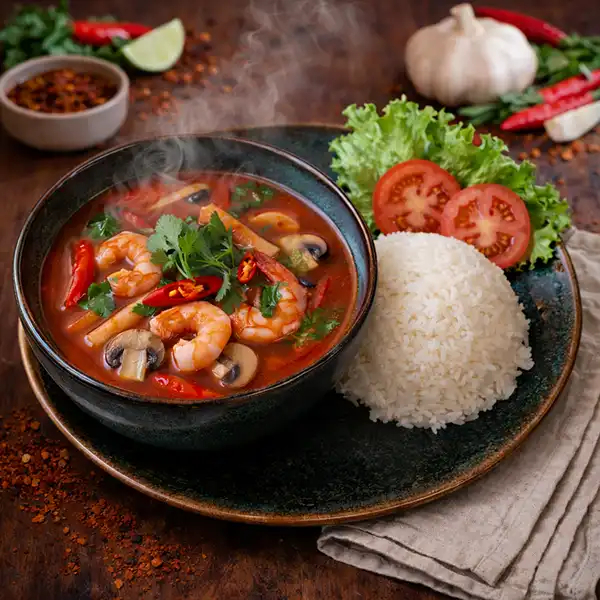 Tom Yam spicy Thai soup Mae Thai River Stockholm