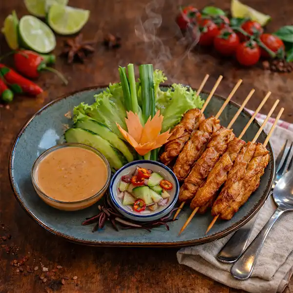 Grilled chicken satay skewers with peanut sauce at Mae Thai River Thai restaurant Stockholm