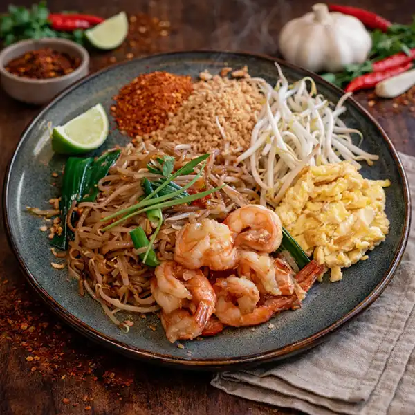 Pad Thai rice noodles with shrimp at Mae Thai River Thai restaurant in central Stockholm