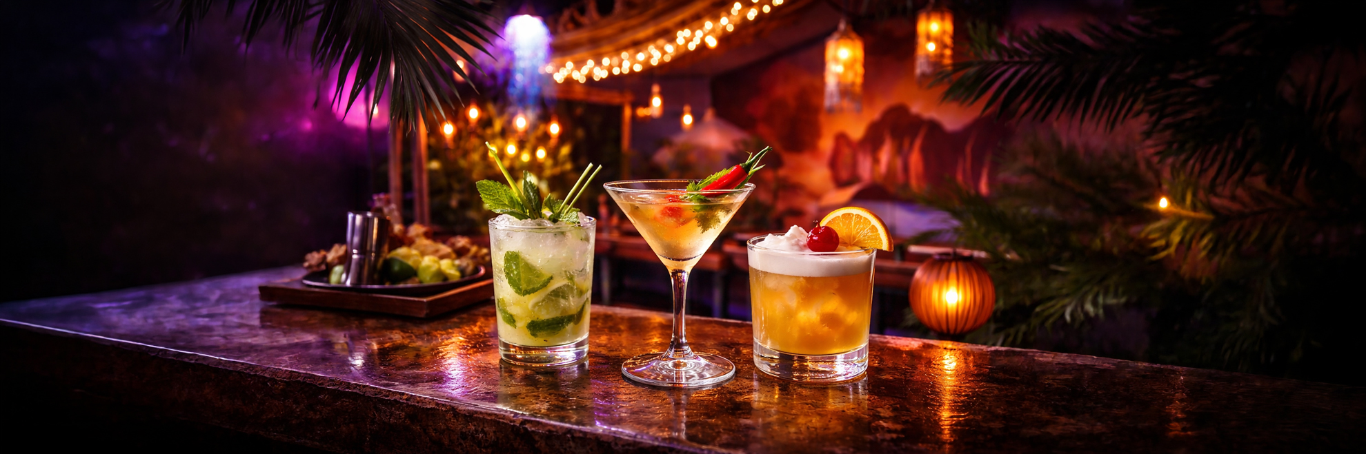 Three signature cocktails at Mae Thai River restaurant in Stockholm with tropical neon interior background