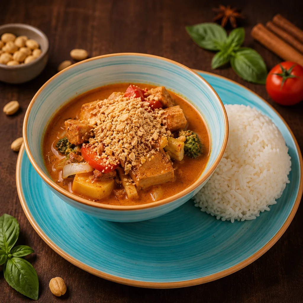 Massaman curry med ris serverad i turkos skål på mörkt träbord