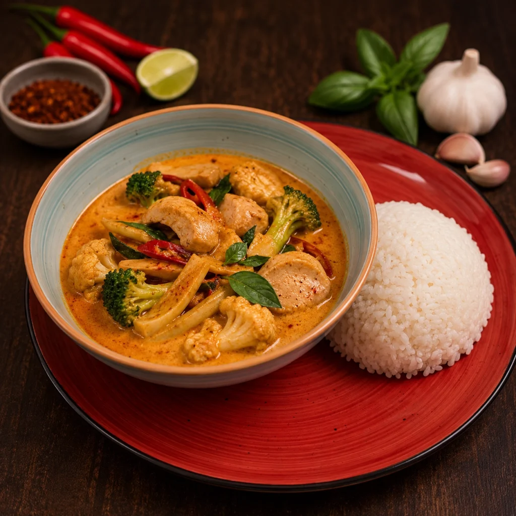Panang curry med ris serverad på röd tallrik i rustik miljö